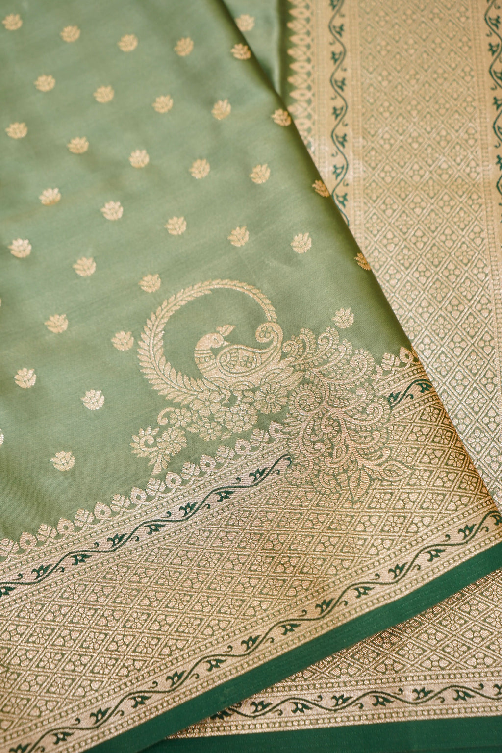 Olive Green Mashroo Silk Saree with Zari Buti and Ornate Border