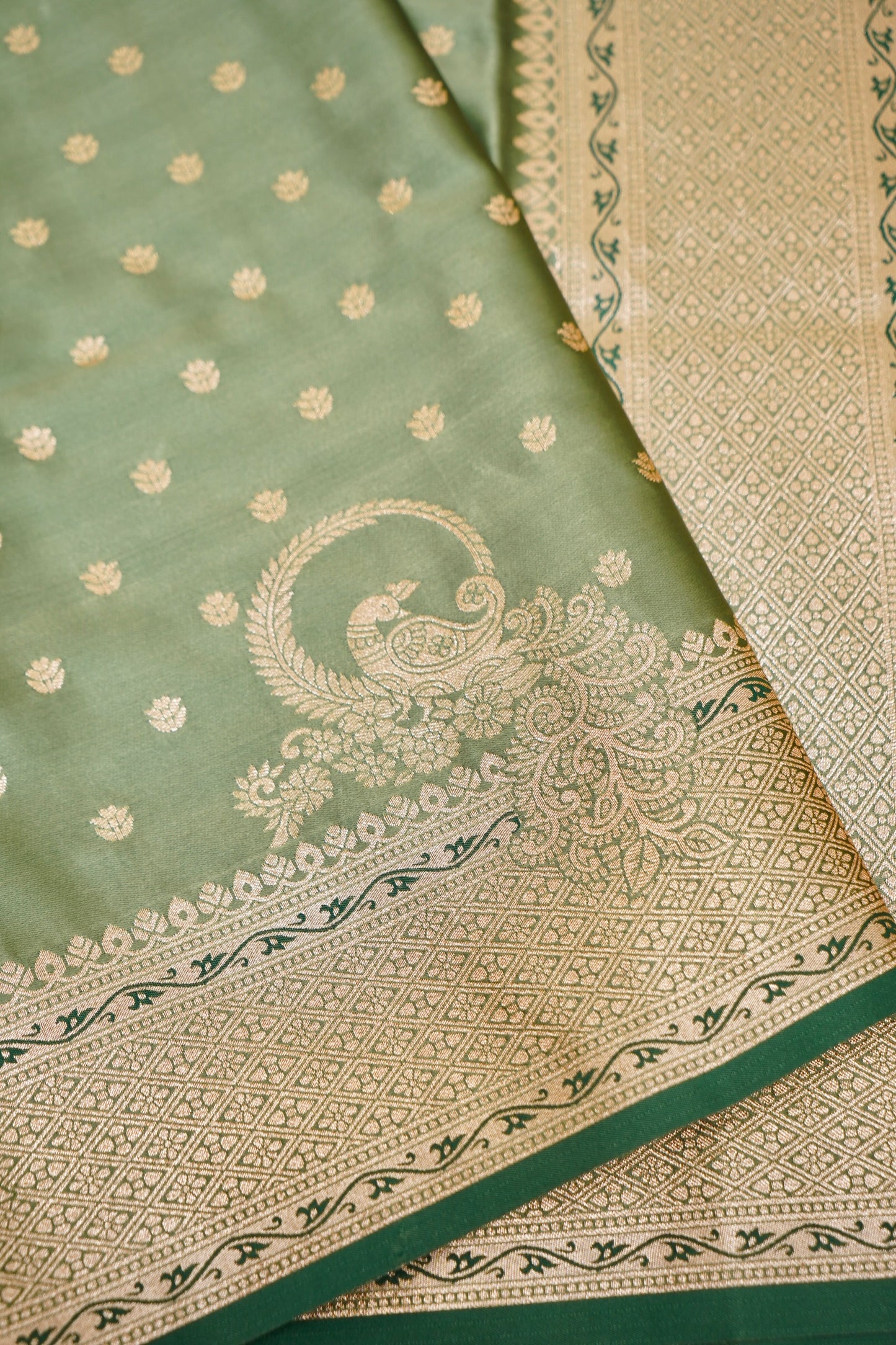 Olive Green Mashroo Silk Saree with Zari Buti and Ornate Border