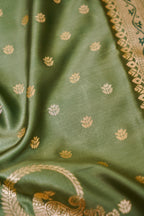 Olive Green Mashroo Silk Saree with Zari Buti and Ornate Border