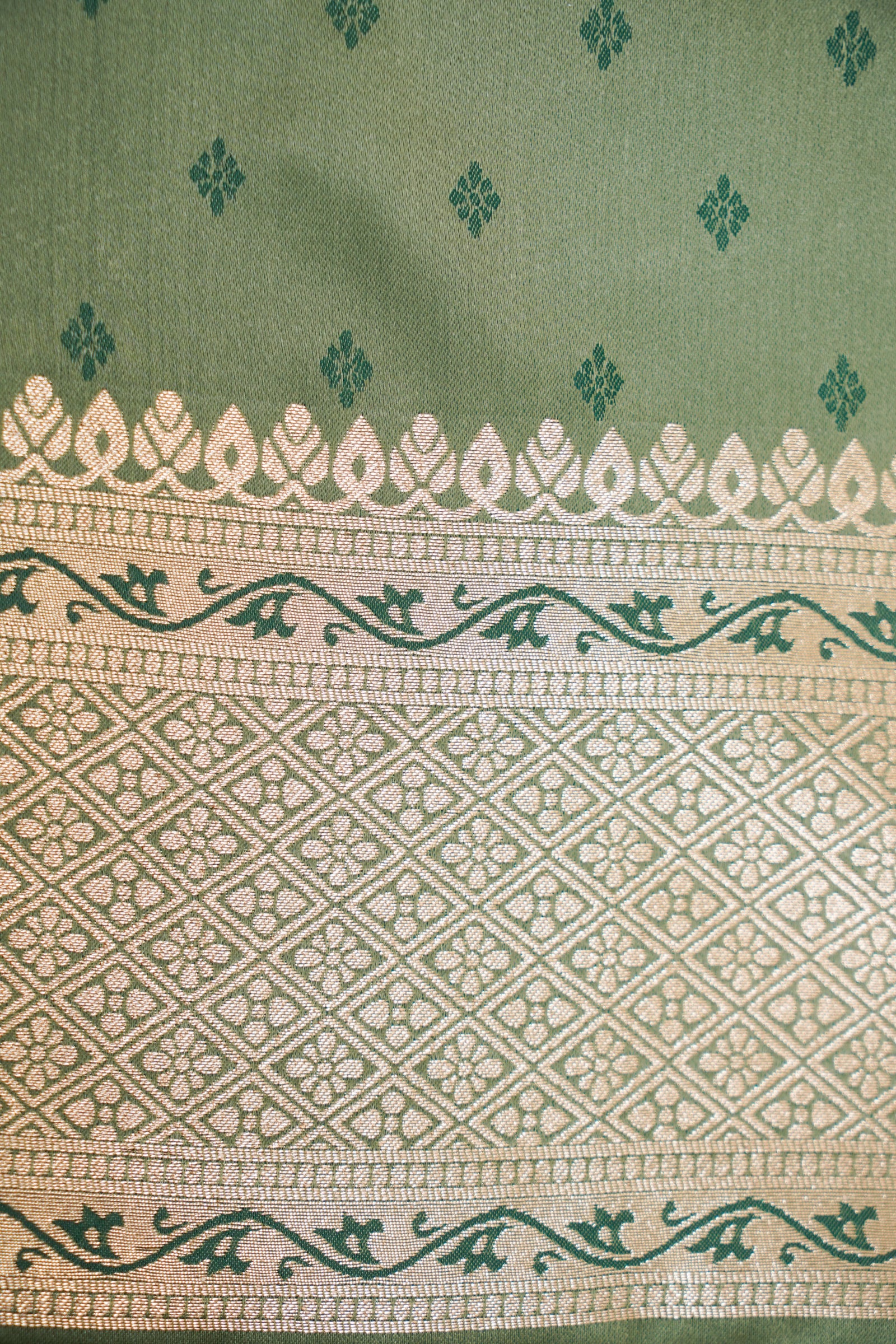 Olive Green Mashroo Silk Saree with Zari Buti and Ornate Border