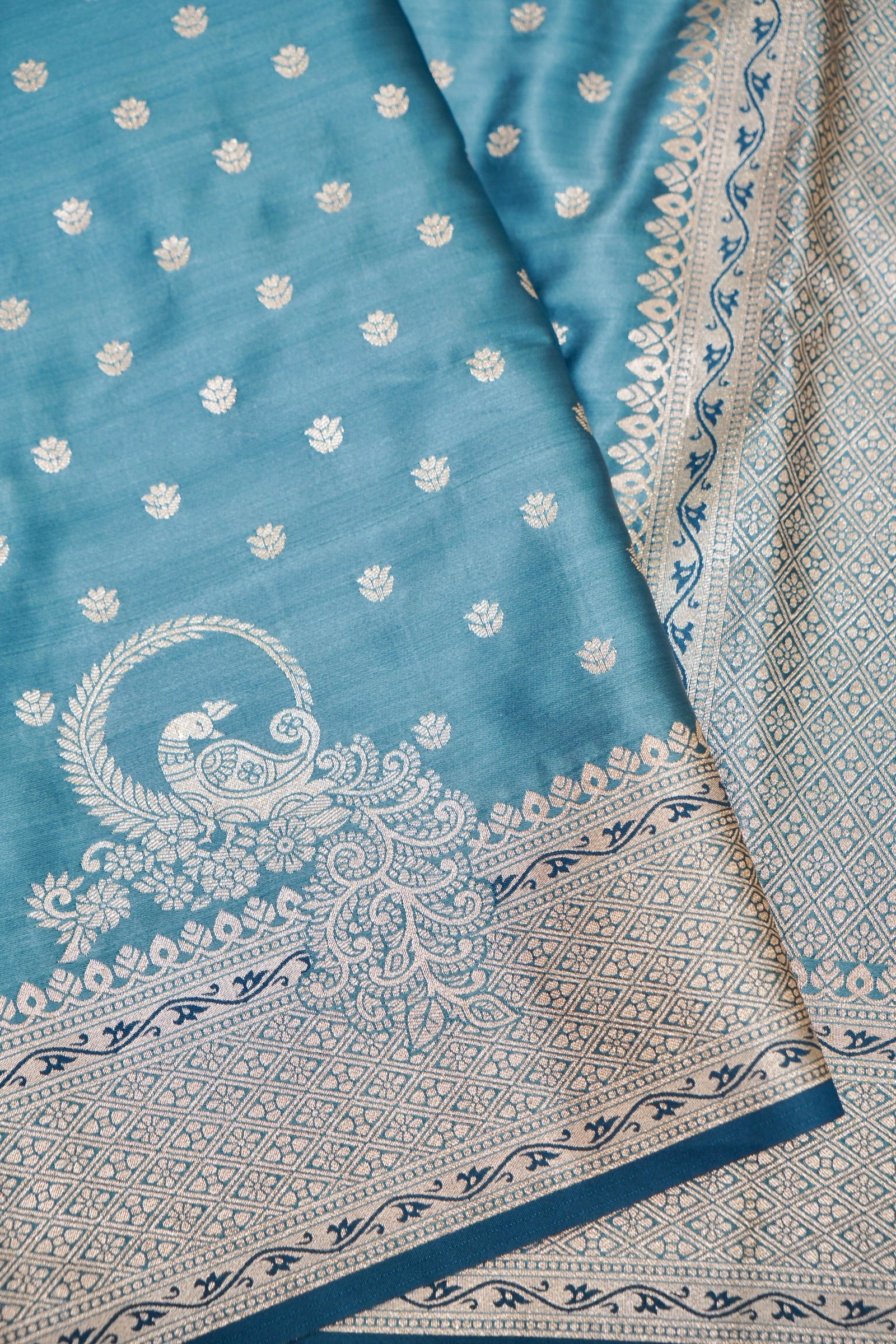 Teal Blue Mashroo Silk Saree with Zari Buti and Ornate Border