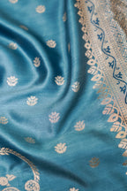 Teal Blue Mashroo Silk Saree with Zari Buti and Ornate Border