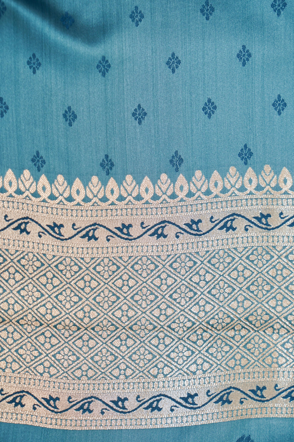 Teal Blue Mashroo Silk Saree with Zari Buti and Ornate Border