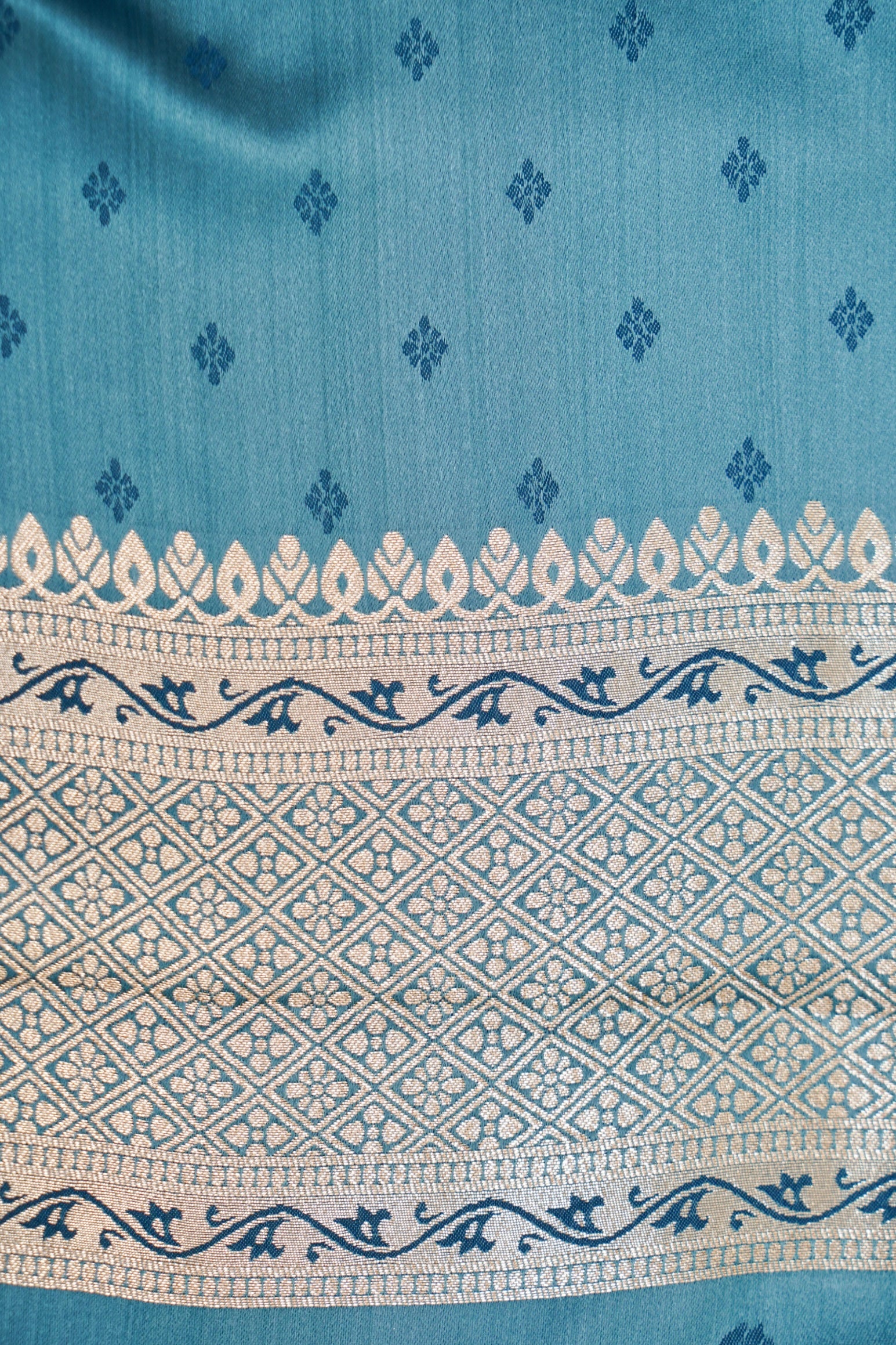 Teal Blue Mashroo Silk Saree with Zari Buti and Ornate Border