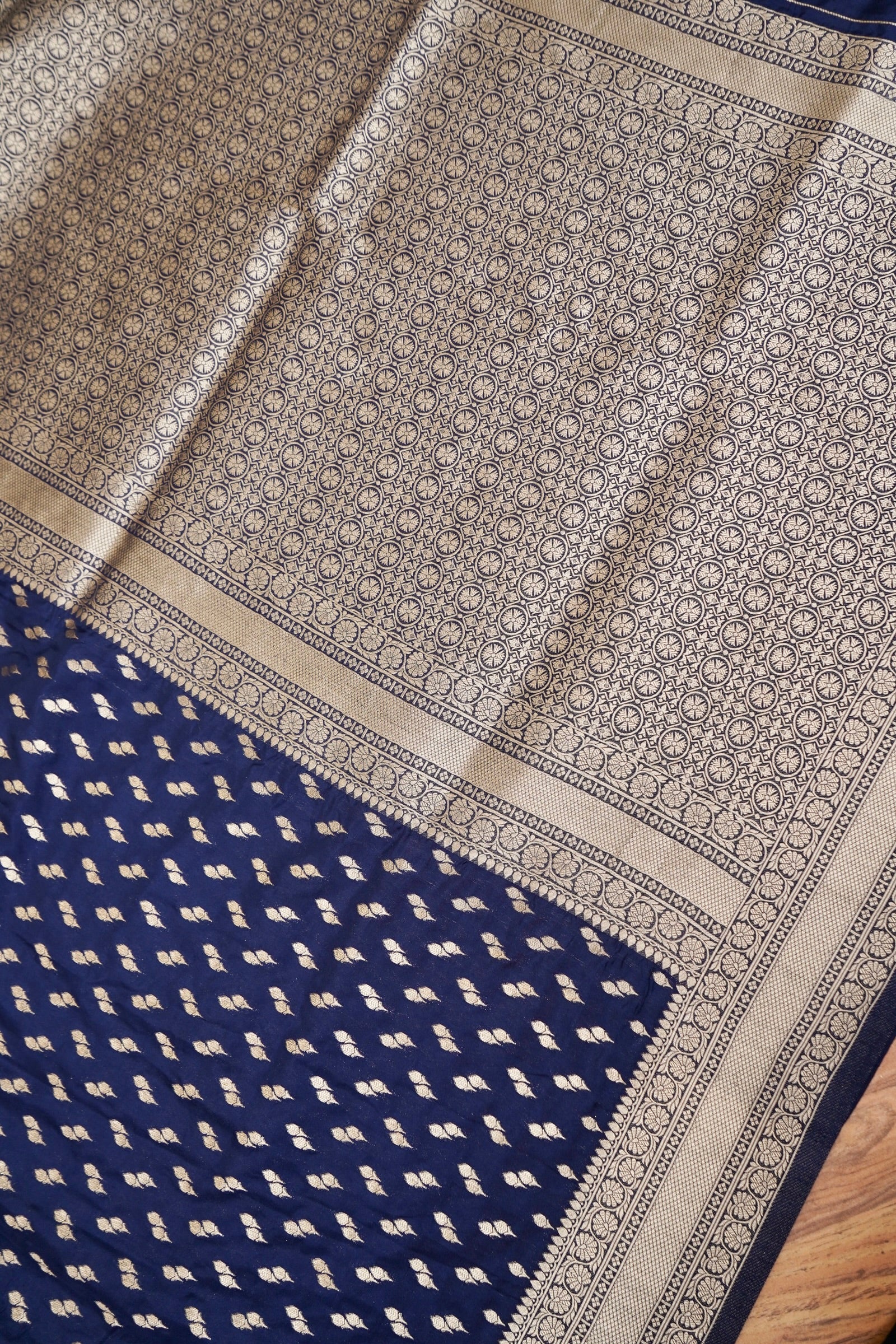 Navy Blue Katan Silk Fancy Saree with Zari Buti and Ornate Border