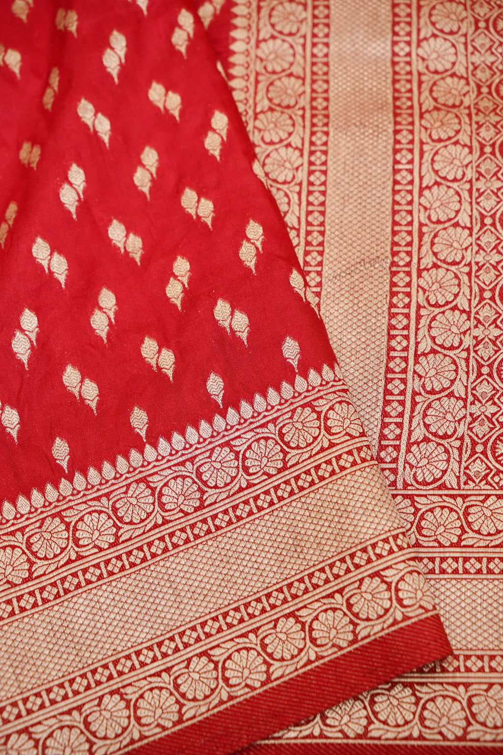 Vermilion Red Katan Silk Fancy Saree with Zari Buti and Ornate Border