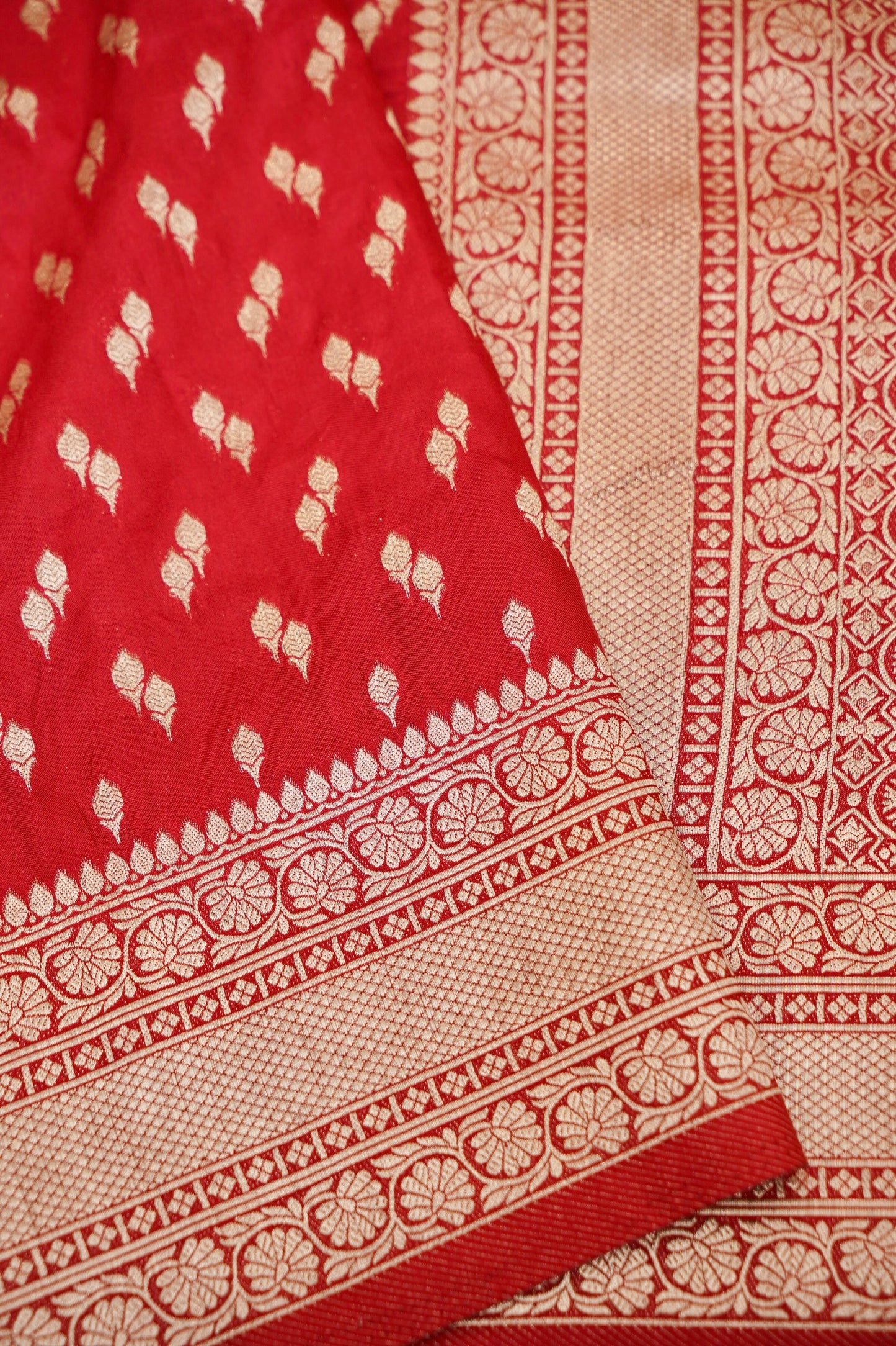 Vermilion Red Katan Silk Fancy Saree with Zari Buti and Ornate Border