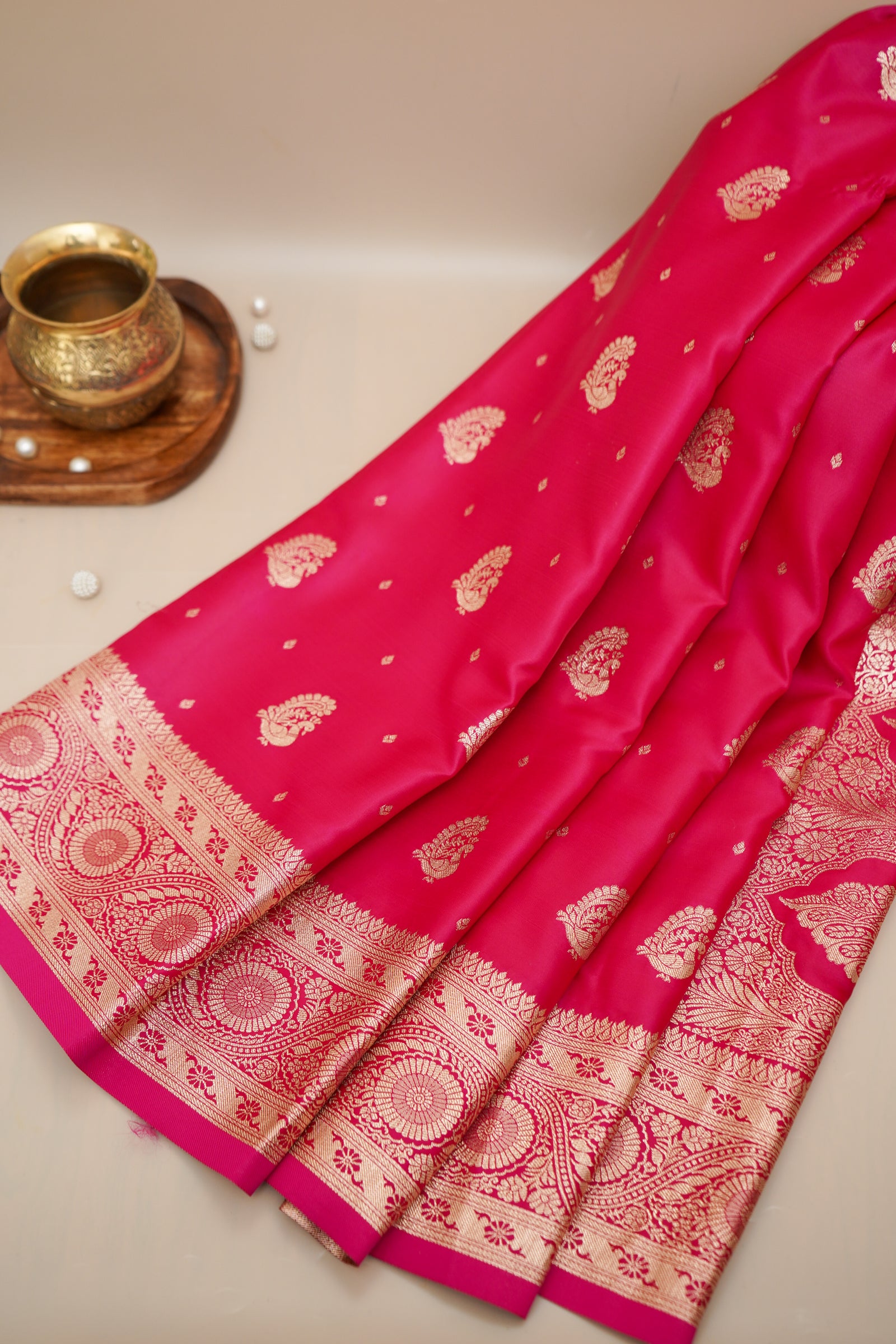 Hot Pink Mashroo Silk Saree with Zari Buti and Ornate Border