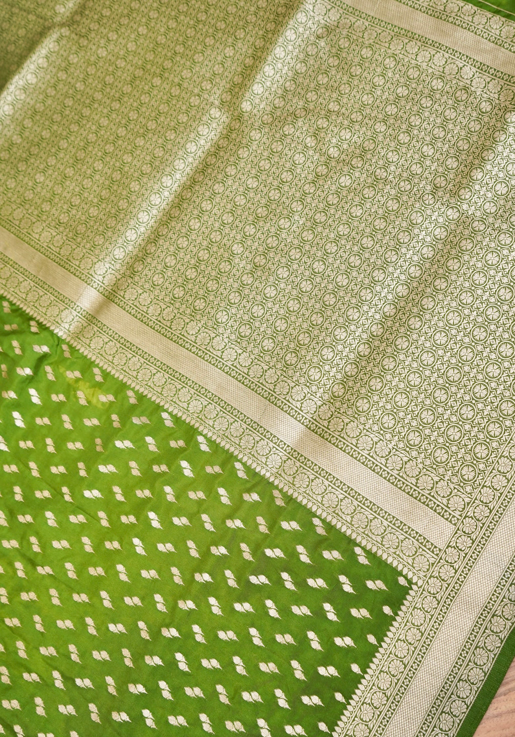 Lime Green Katan Silk Fancy Saree with Zari Buti and Ornate Border