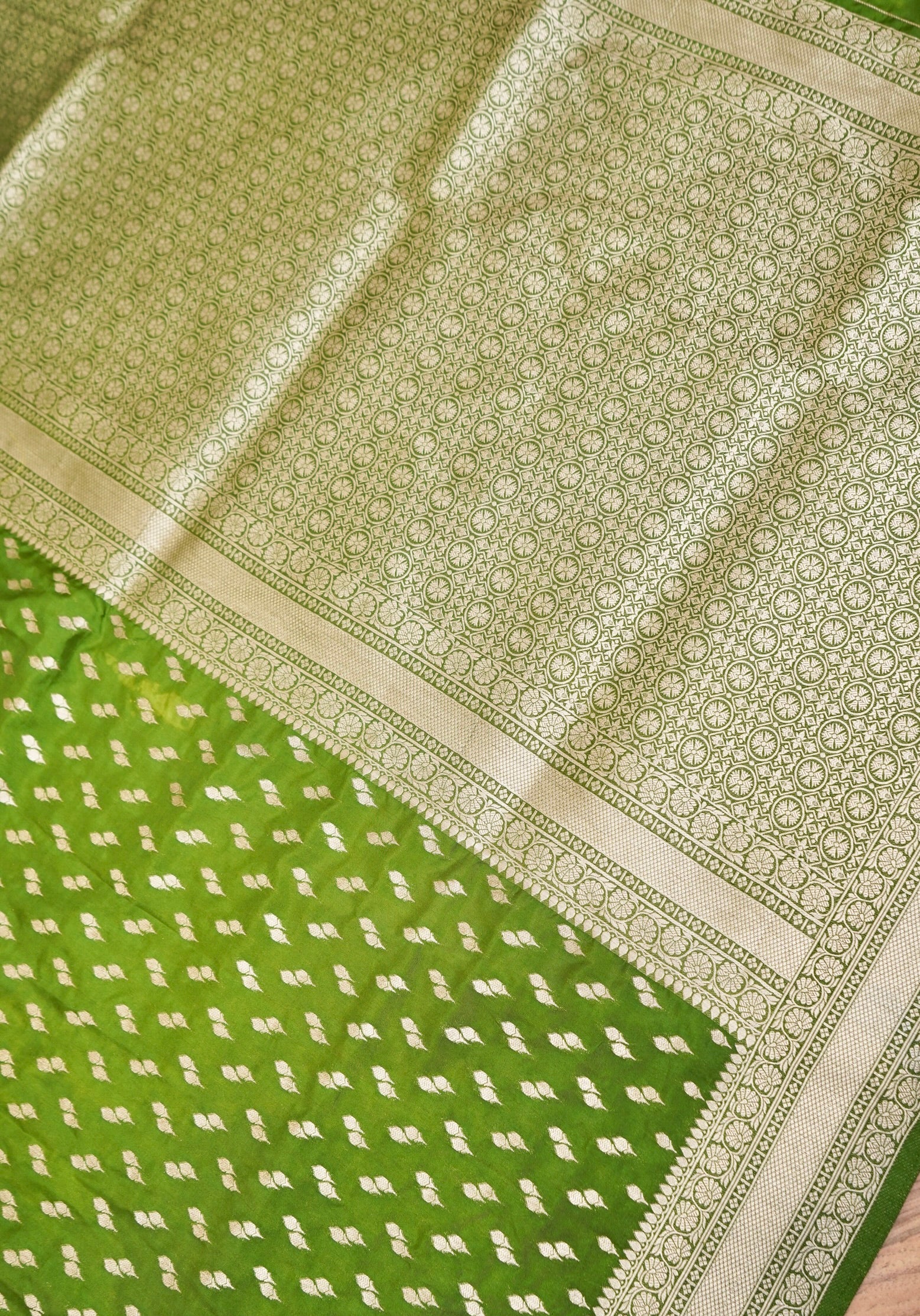Lime Green Katan Silk Fancy Saree with Zari Buti and Ornate Border