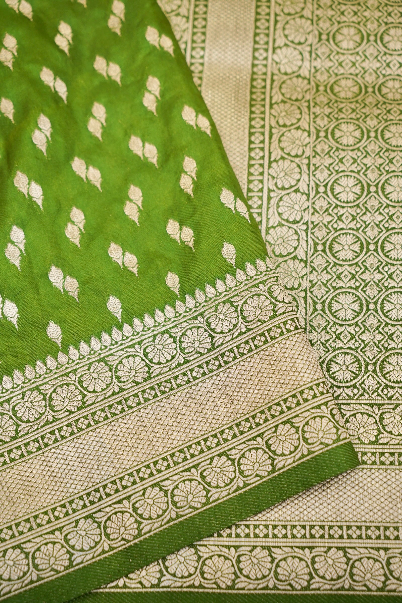 Lime Green Katan Silk Fancy Saree with Zari Buti and Ornate Border