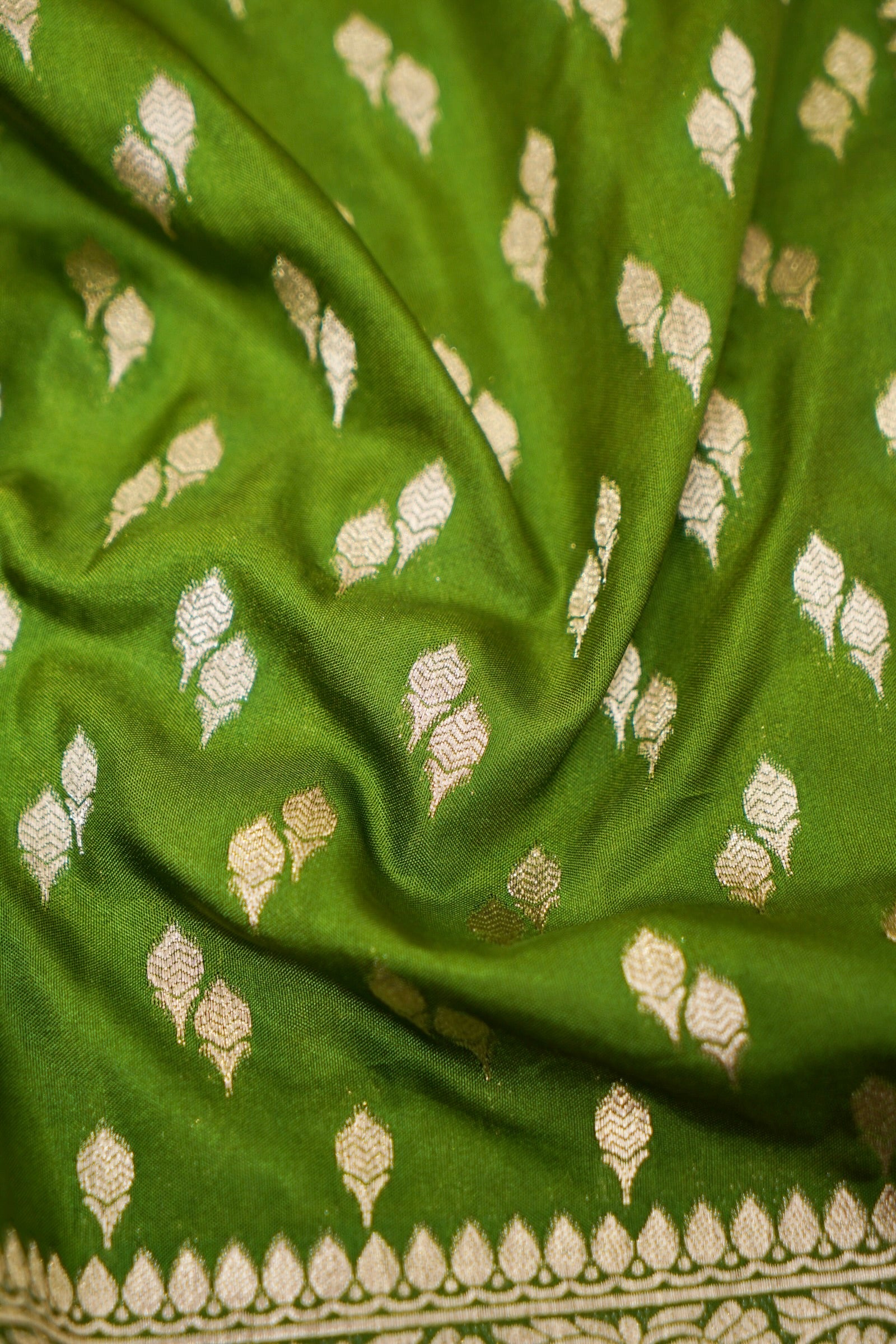 Lime Green Katan Silk Fancy Saree with Zari Buti and Ornate Border