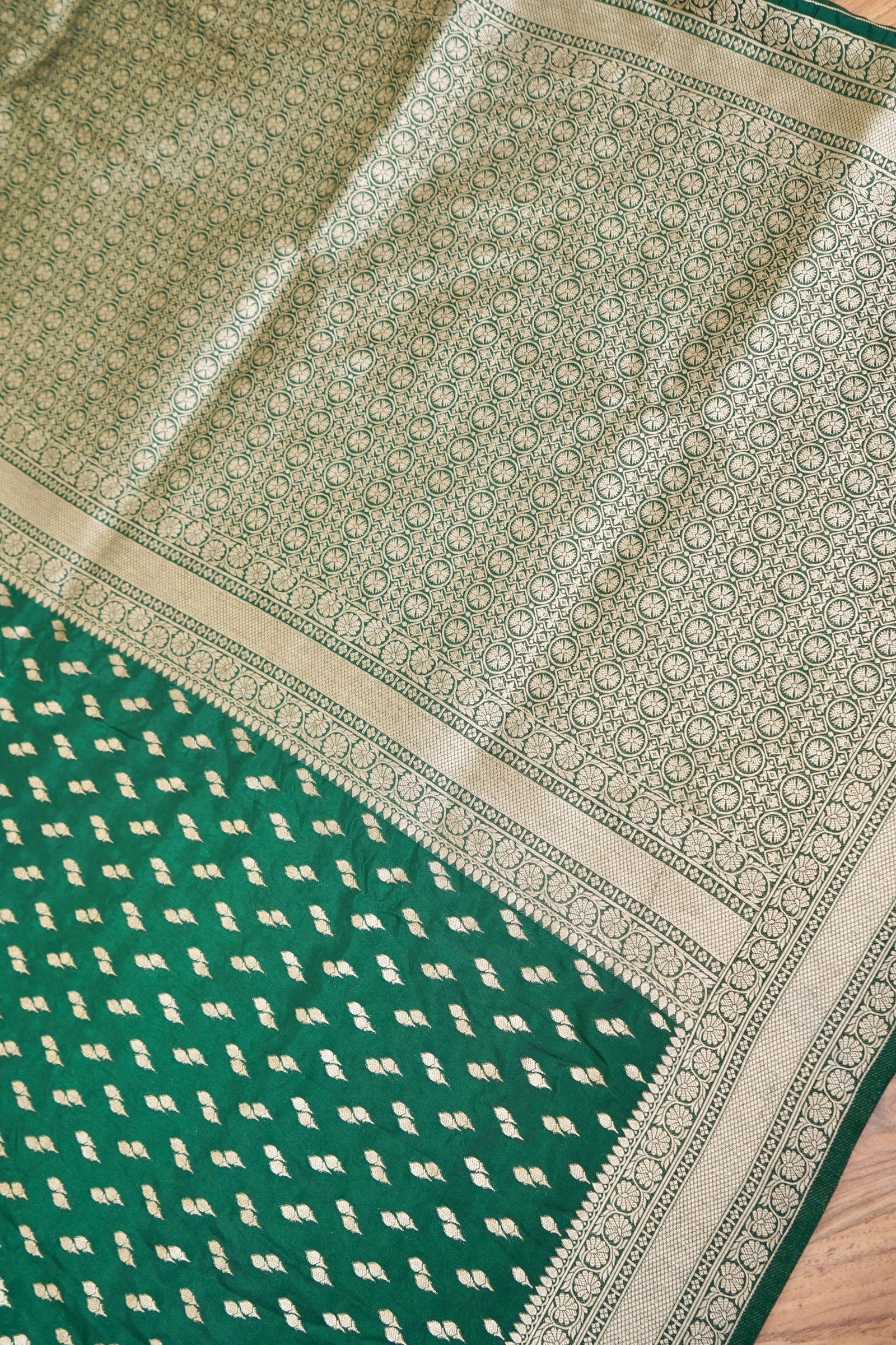 Emerald Green Katan Silk Fancy Saree with Zari Buti and Ornate Border