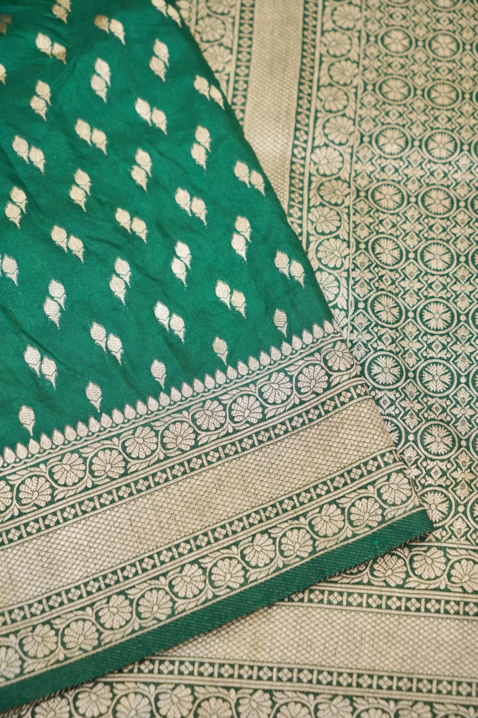 Emerald Green Katan Silk Fancy Saree with Zari Buti and Ornate Border