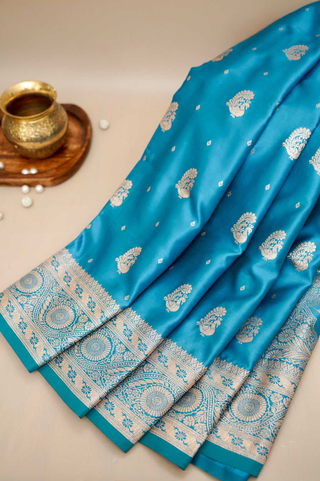 Sky Blue Mashroo Silk Saree with Zari Buti and Ornate Border