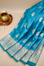Sky Blue Mashroo Silk Saree with Zari Buti and Ornate Border