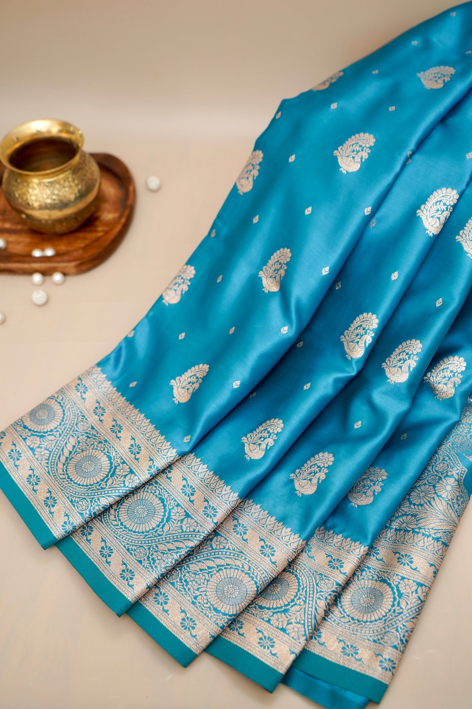 Sky Blue Mashroo Silk Saree with Zari Buti and Ornate Border