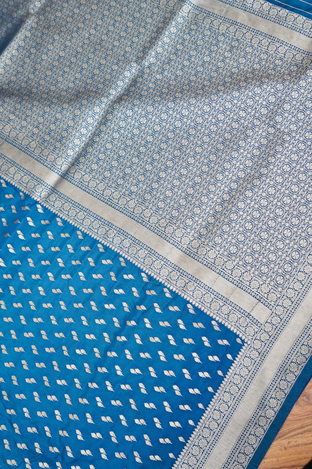 Steel Blue Katan Silk Fancy Saree with Zari Buti and Ornate Border