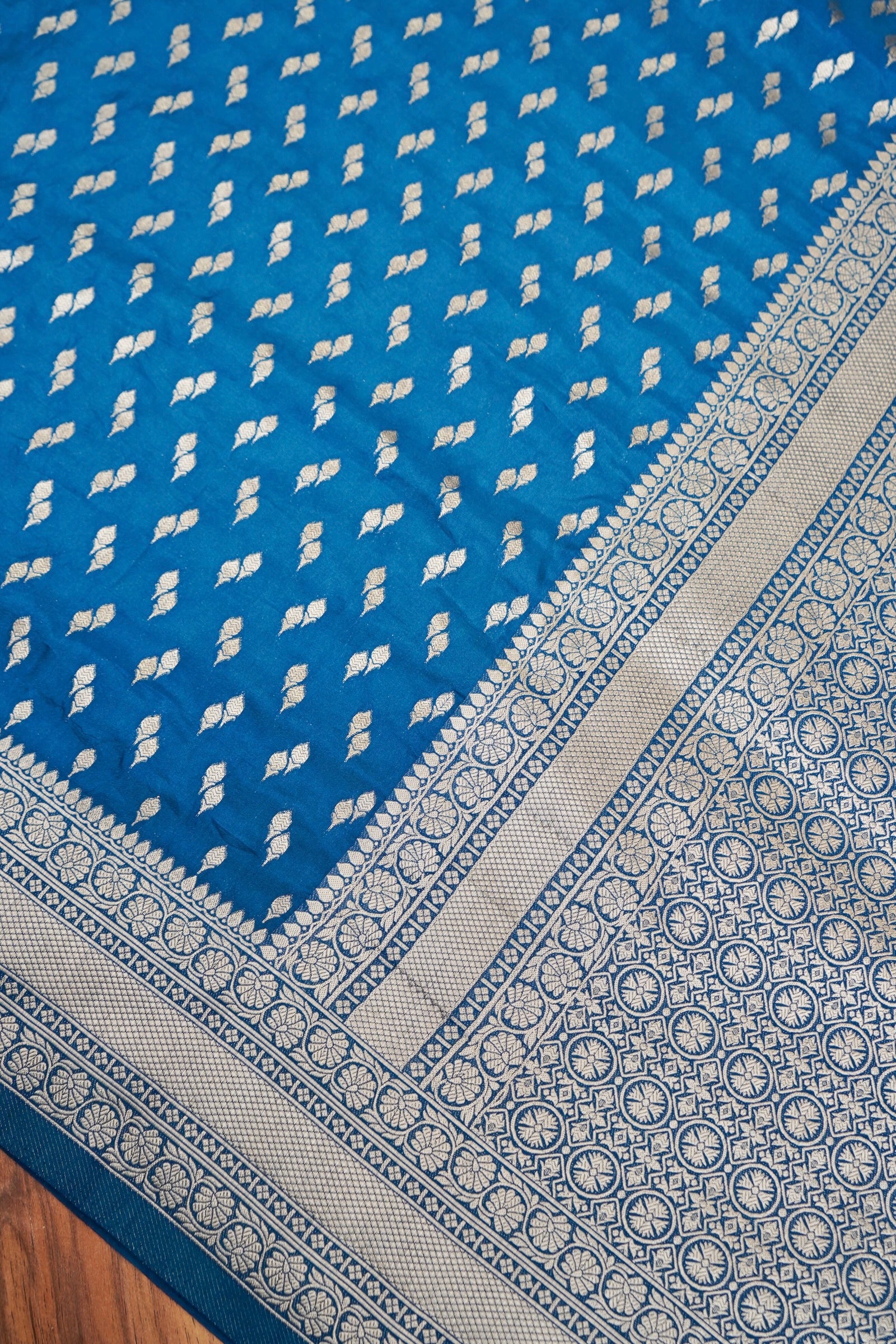 Steel Blue Katan Silk Fancy Saree with Zari Buti and Ornate Border
