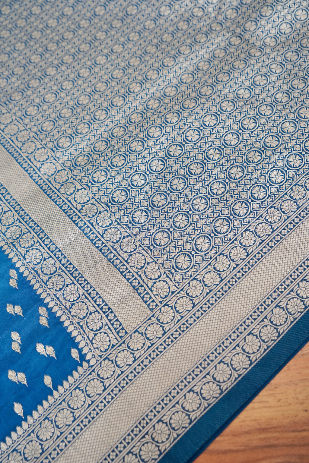 Steel Blue Katan Silk Fancy Saree with Zari Buti and Ornate Border