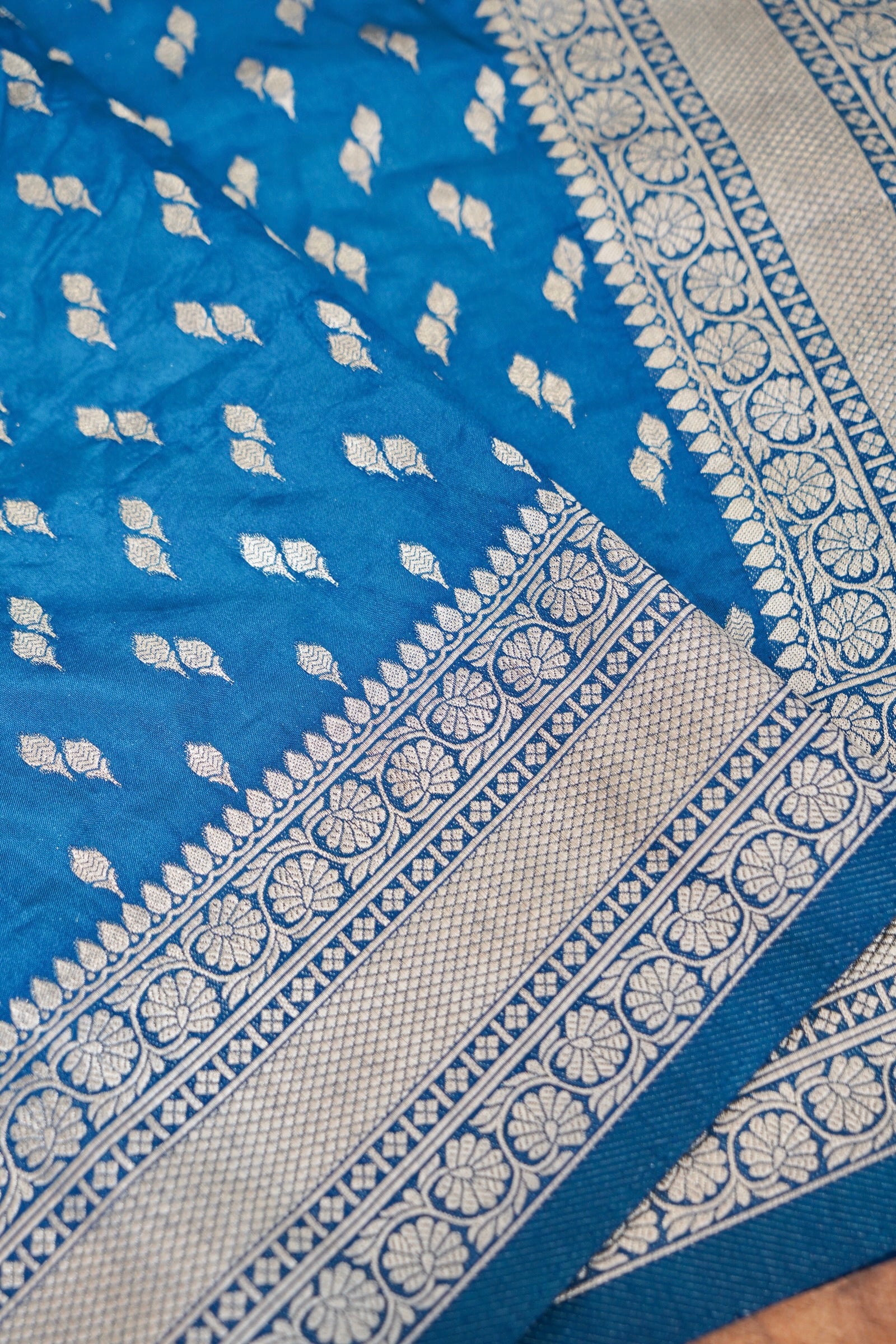 Steel Blue Katan Silk Fancy Saree with Zari Buti and Ornate Border