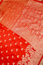 Vermilion Red Mashroo Silk Saree with Zari Buti and Ornate Border
