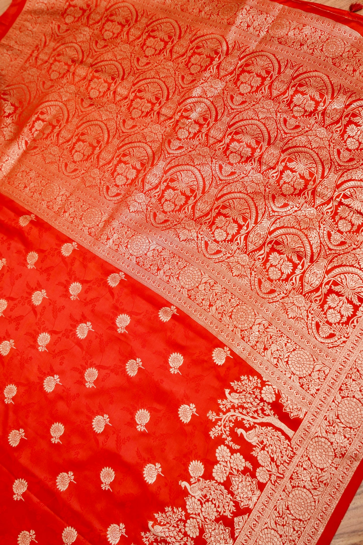 Vermilion Red Mashroo Silk Saree with Zari Buti and Ornate Border