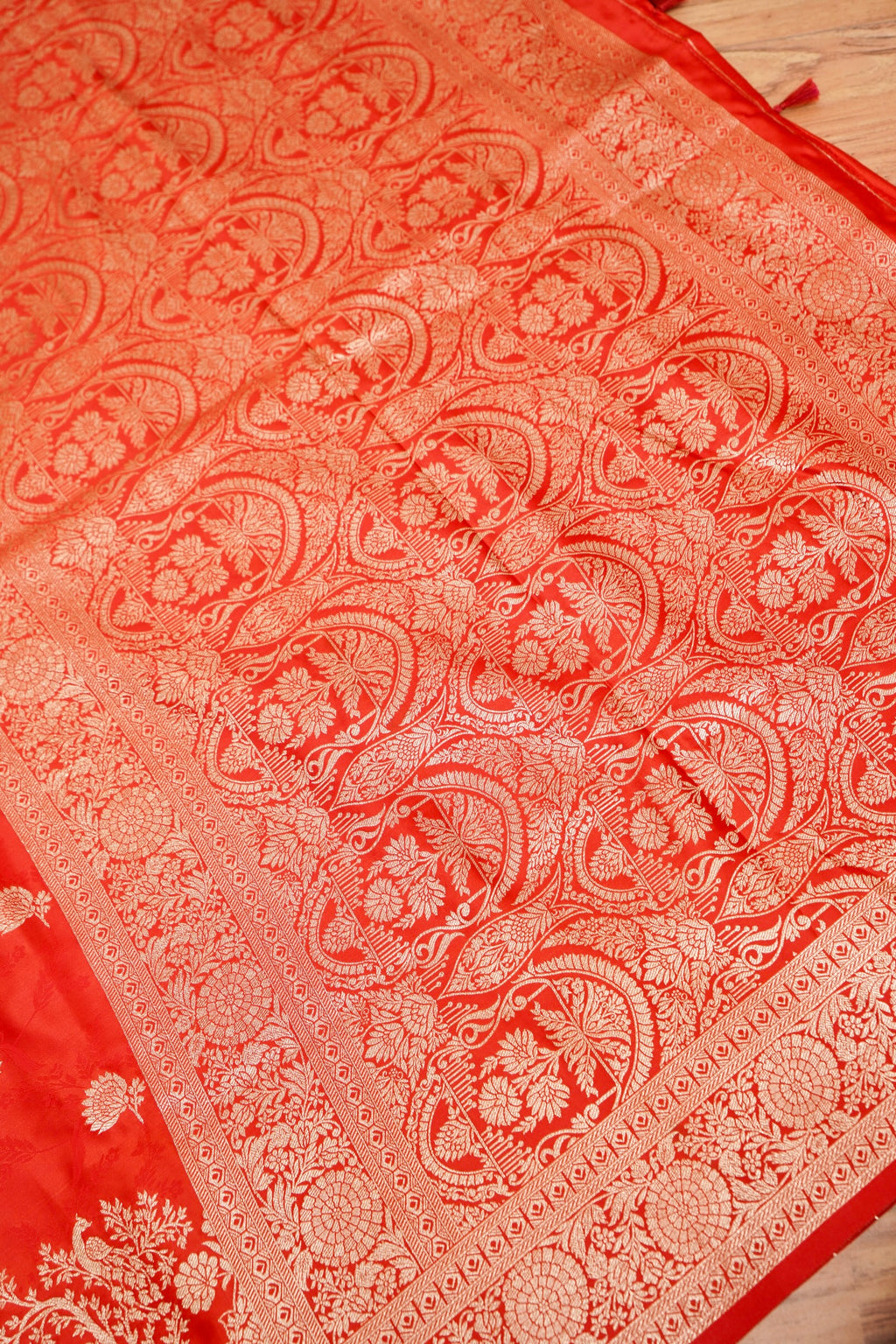 Vermilion Red Mashroo Silk Saree with Zari Buti and Ornate Border