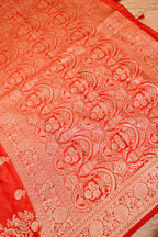 Vermilion Red Mashroo Silk Saree with Zari Buti and Ornate Border