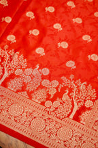 Vermilion Red Mashroo Silk Saree with Zari Buti and Ornate Border