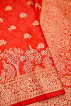 Vermilion Red Mashroo Silk Saree with Zari Buti and Ornate Border