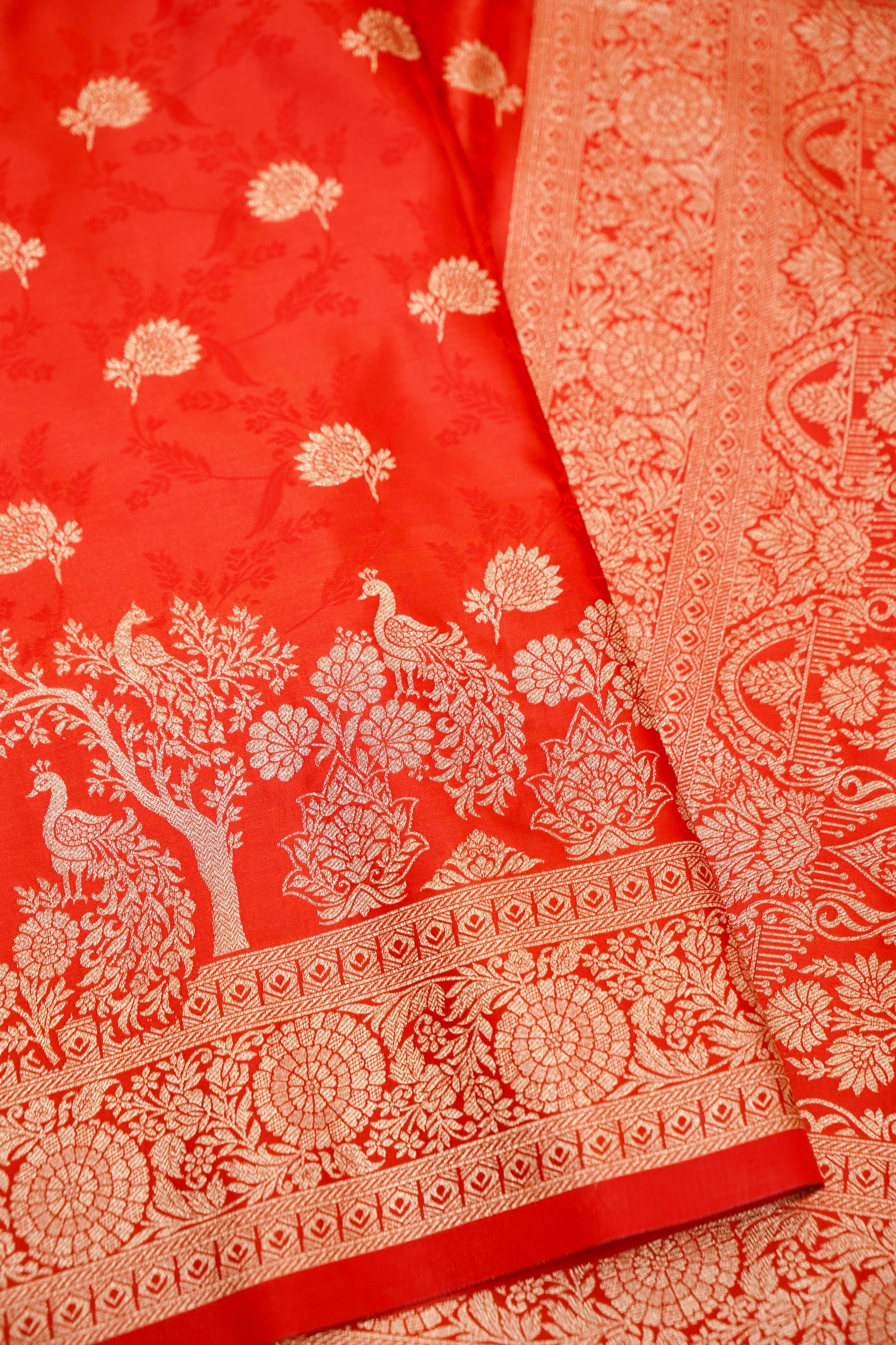 Vermilion Red Mashroo Silk Saree with Zari Buti and Ornate Border