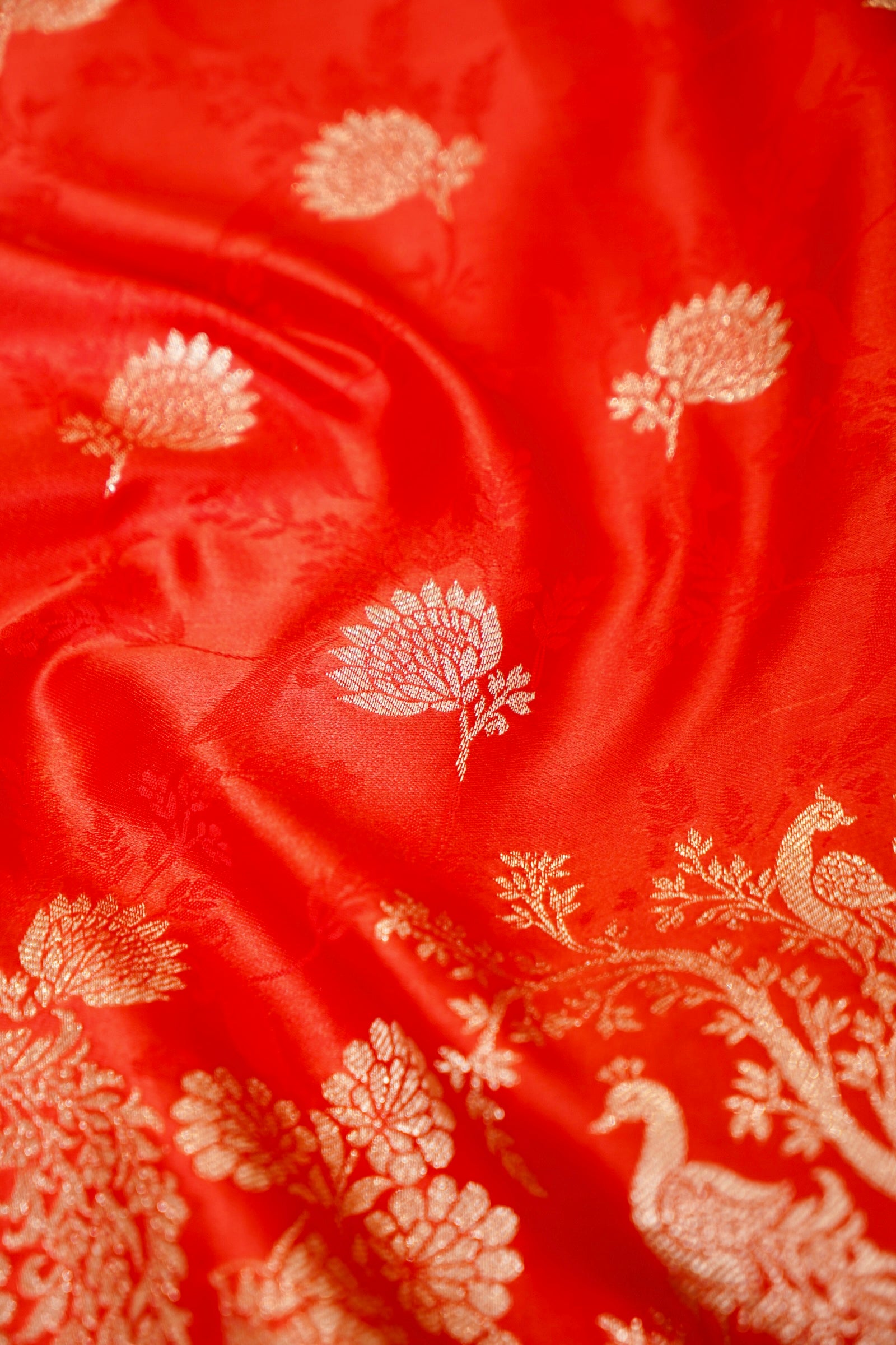 Vermilion Red Mashroo Silk Saree with Zari Buti and Ornate Border