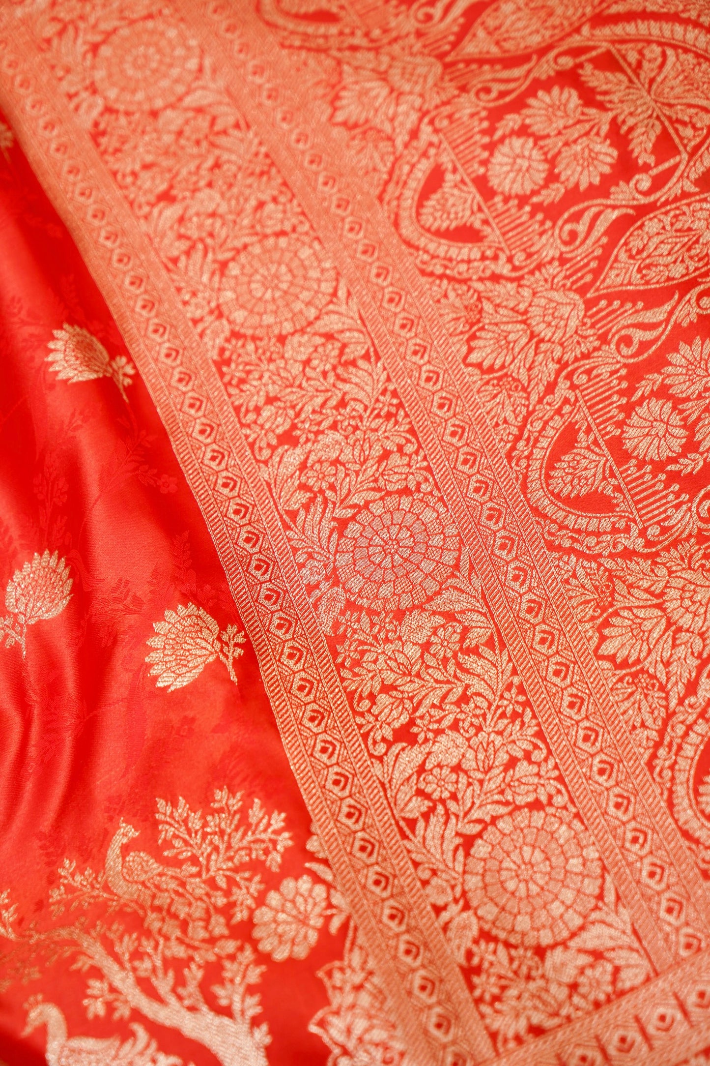 Vermilion Red Mashroo Silk Saree with Zari Buti and Ornate Border