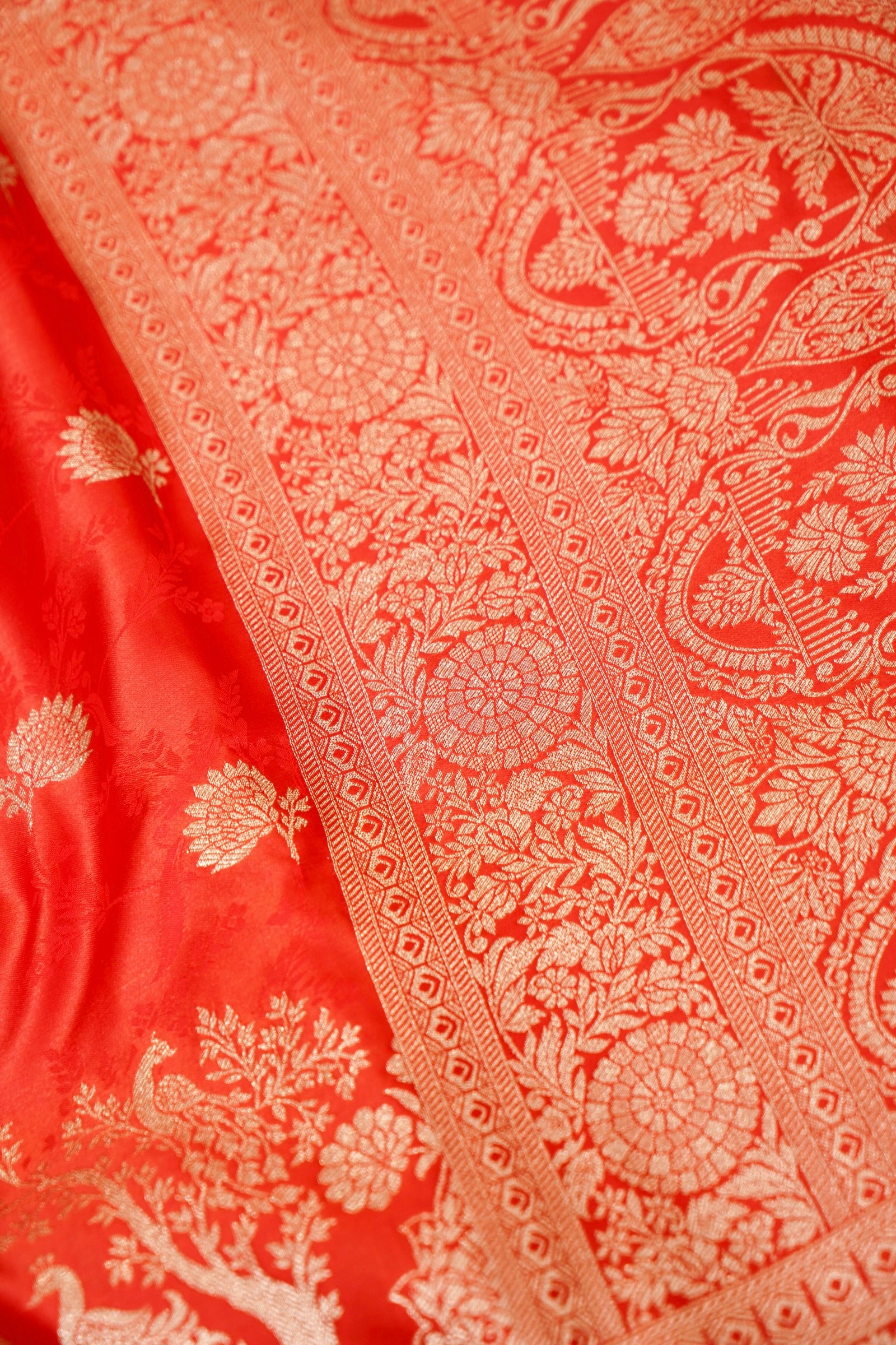 Vermilion Red Mashroo Silk Saree with Zari Buti and Ornate Border