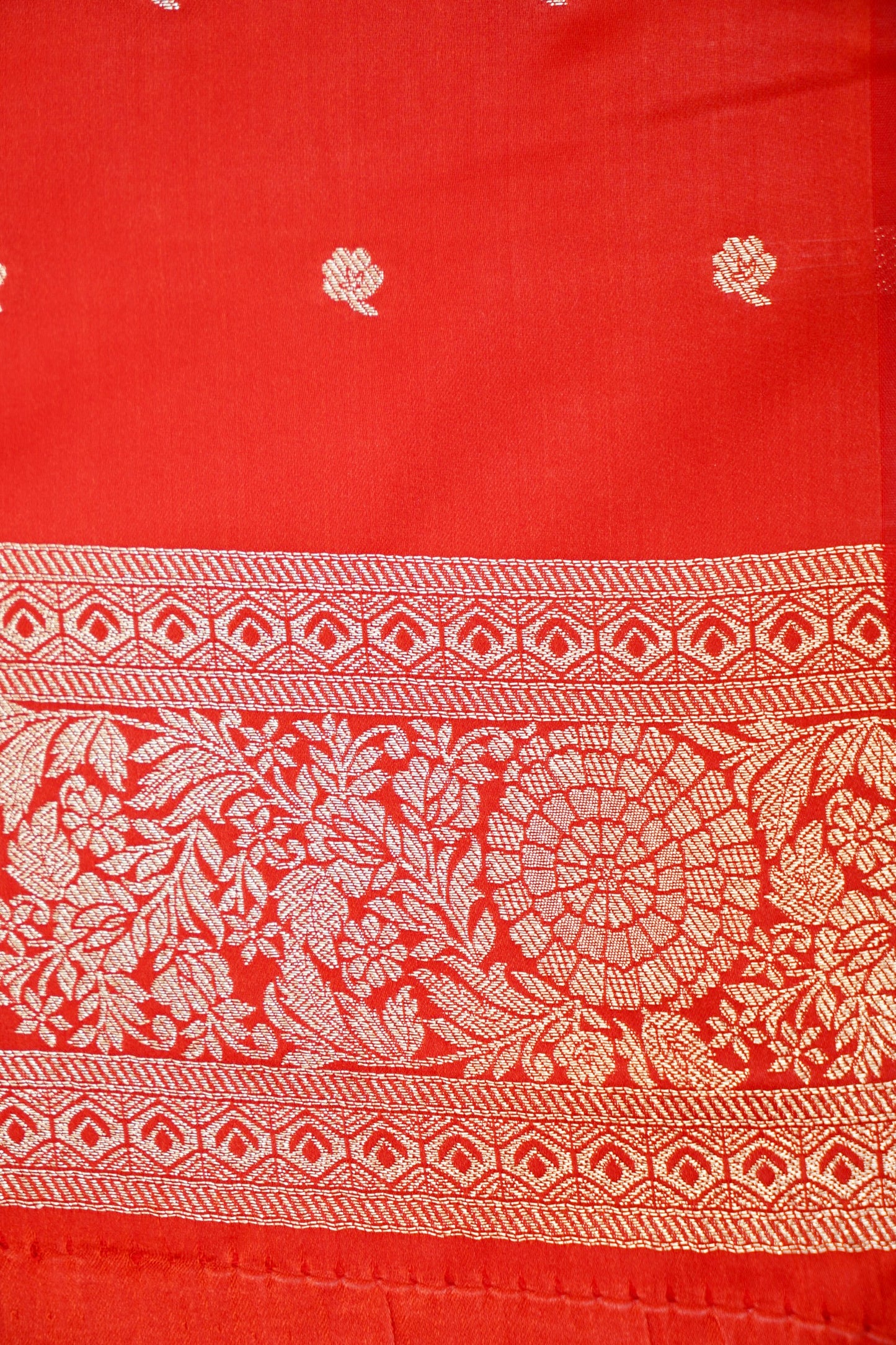 Vermilion Red Mashroo Silk Saree with Zari Buti and Ornate Border