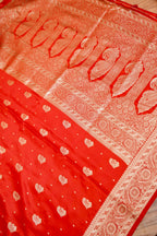 Bright Red Mashroo Silk Saree with Zari Buti and Ornate Border