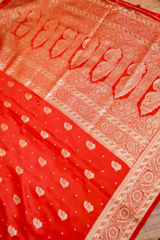 Bright Red Mashroo Silk Saree with Zari Buti and Ornate Border