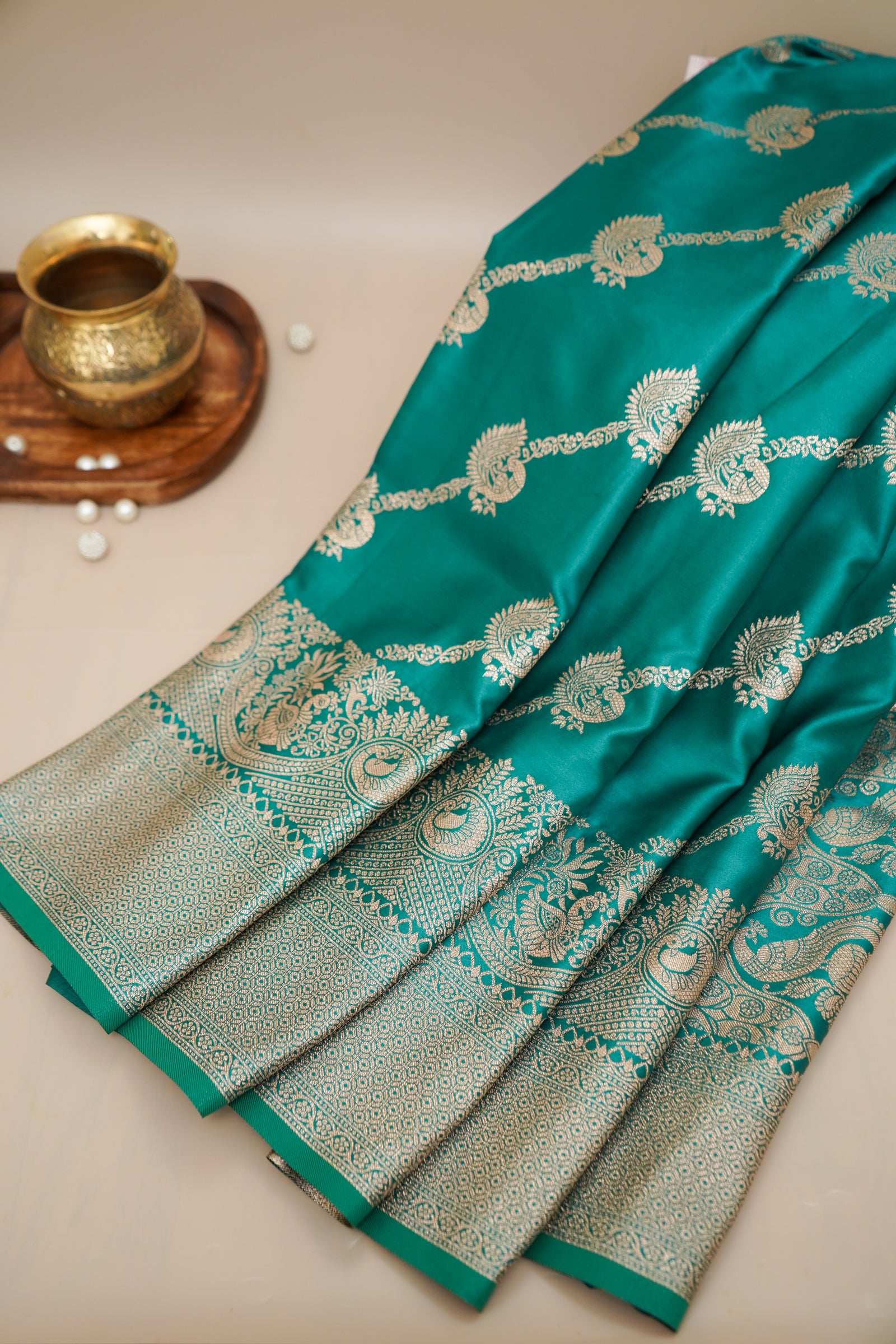 Teal Green Mashroo Silk Saree with Zari Buti and Ornate Border