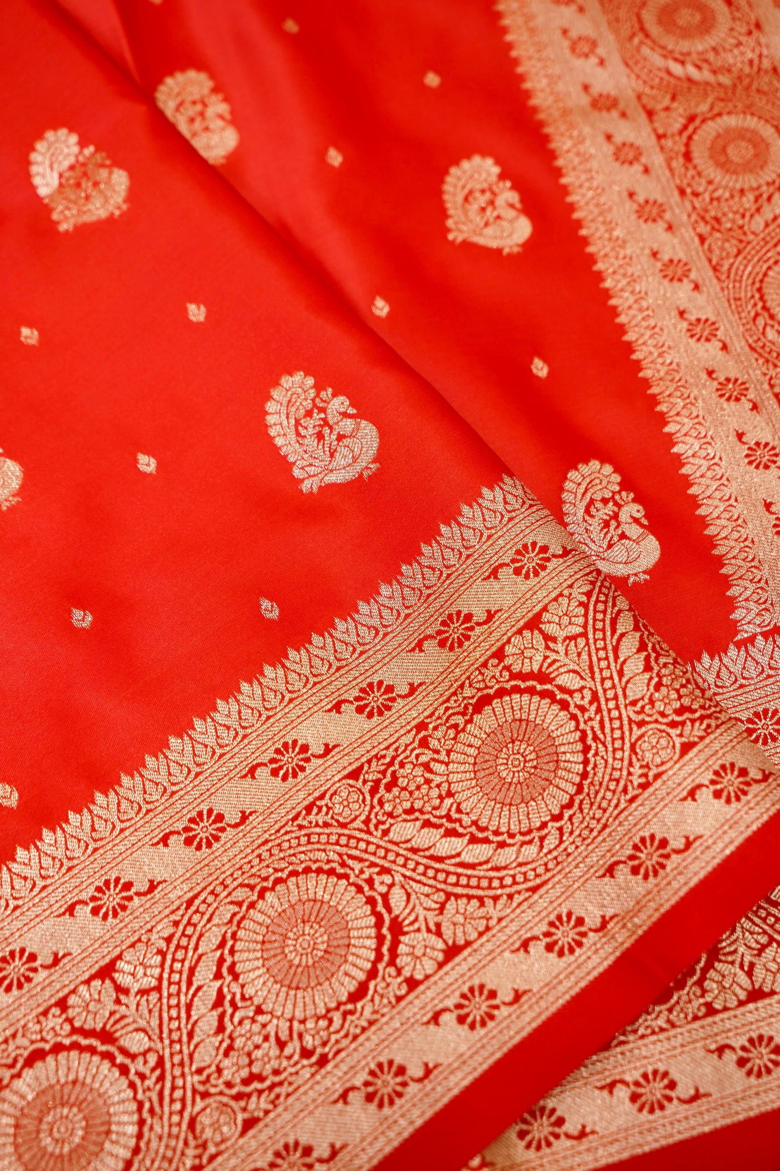 Bright Red Mashroo Silk Saree with Zari Buti and Ornate Border