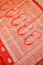 Bright Red Mashroo Silk Saree with Zari Buti and Ornate Border