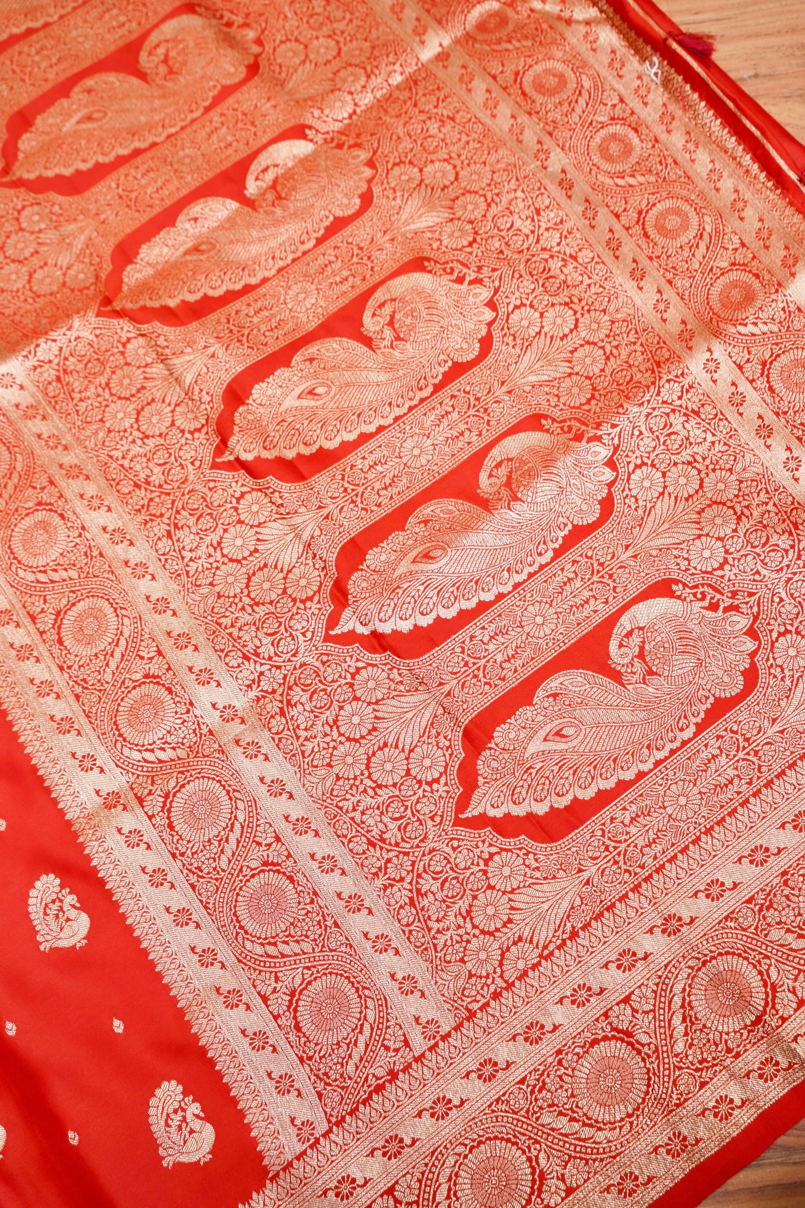 Bright Red Mashroo Silk Saree with Zari Buti and Ornate Border