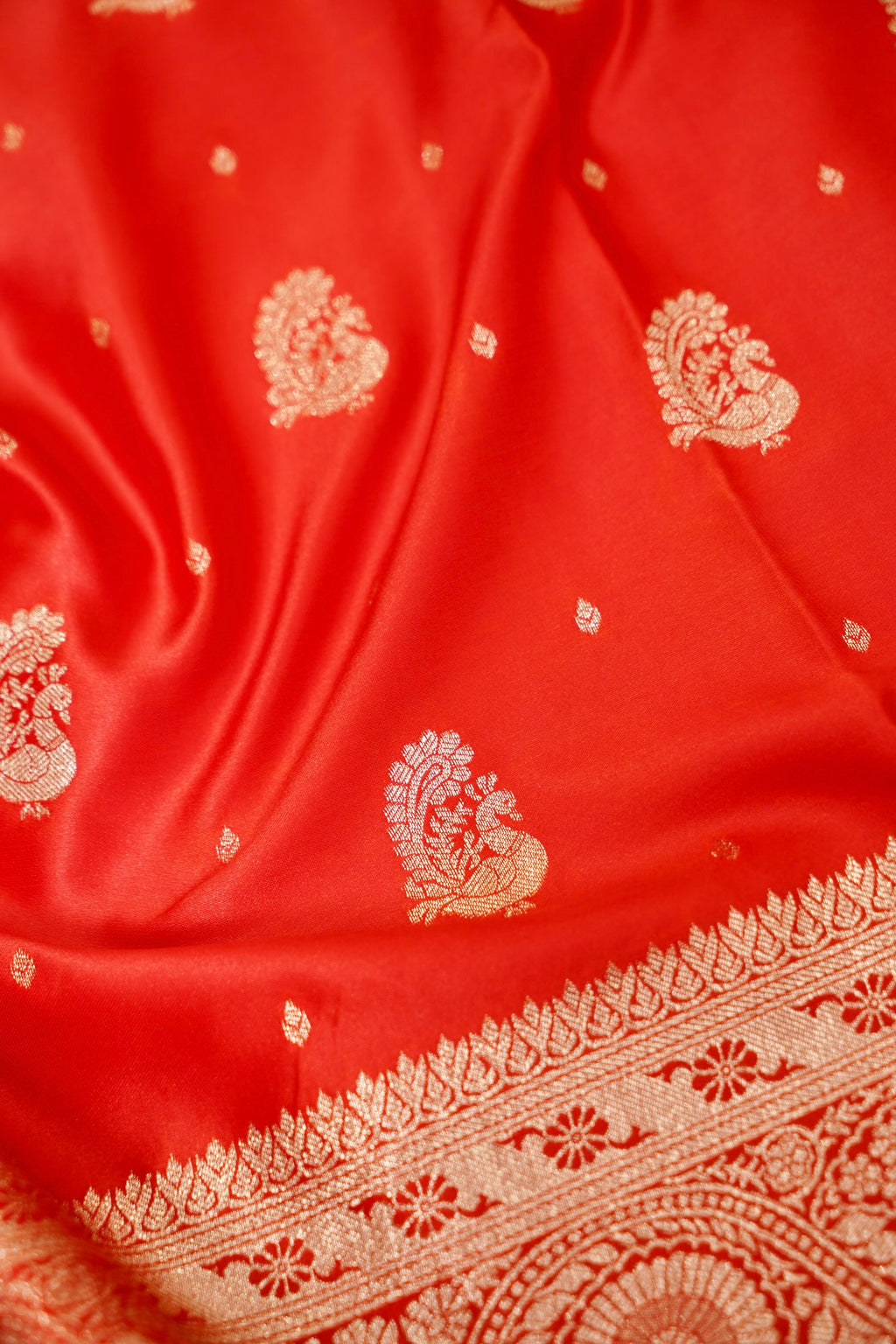 Bright Red Mashroo Silk Saree with Zari Buti and Ornate Border