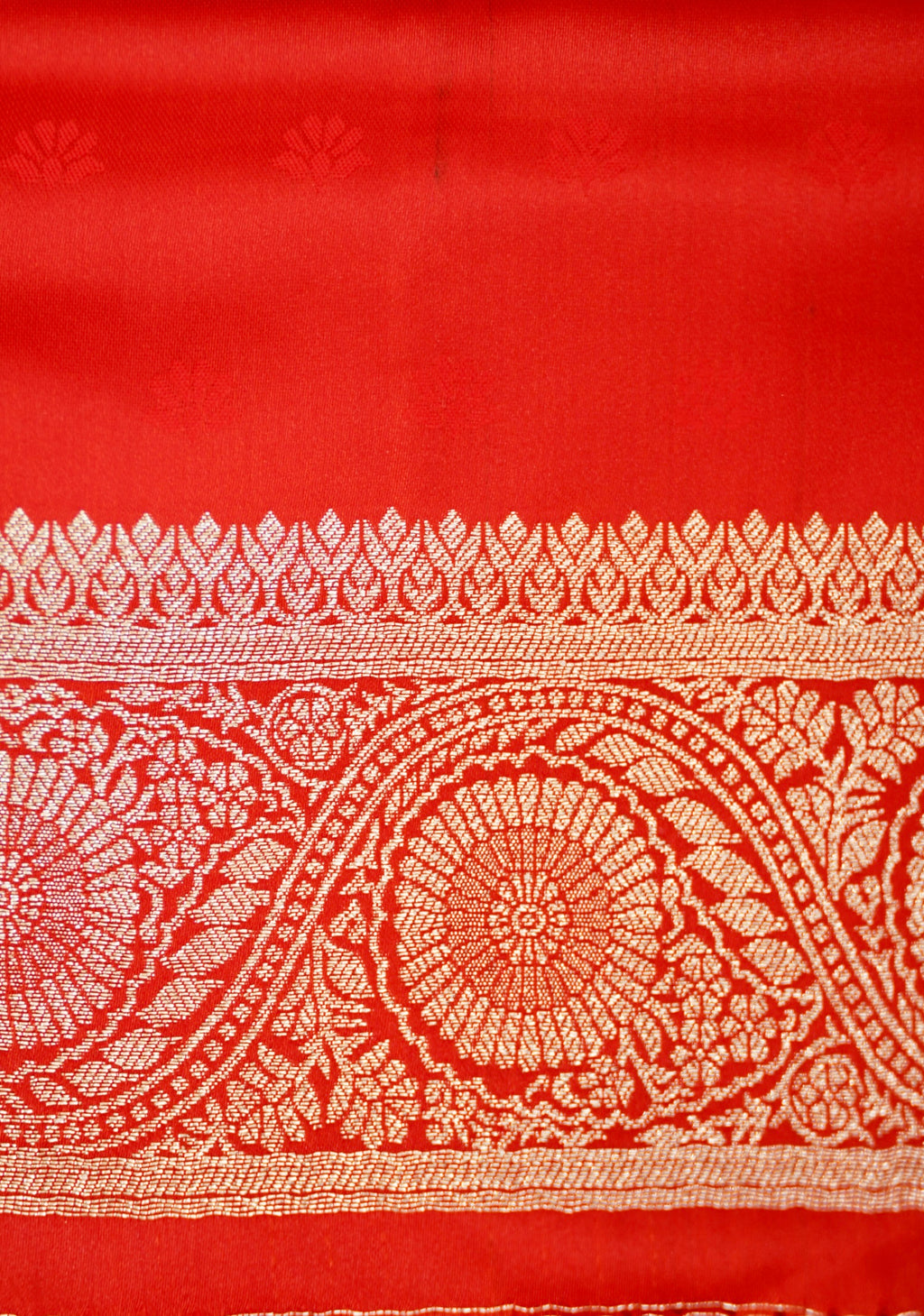 Bright Red Mashroo Silk Saree with Zari Buti and Ornate Border