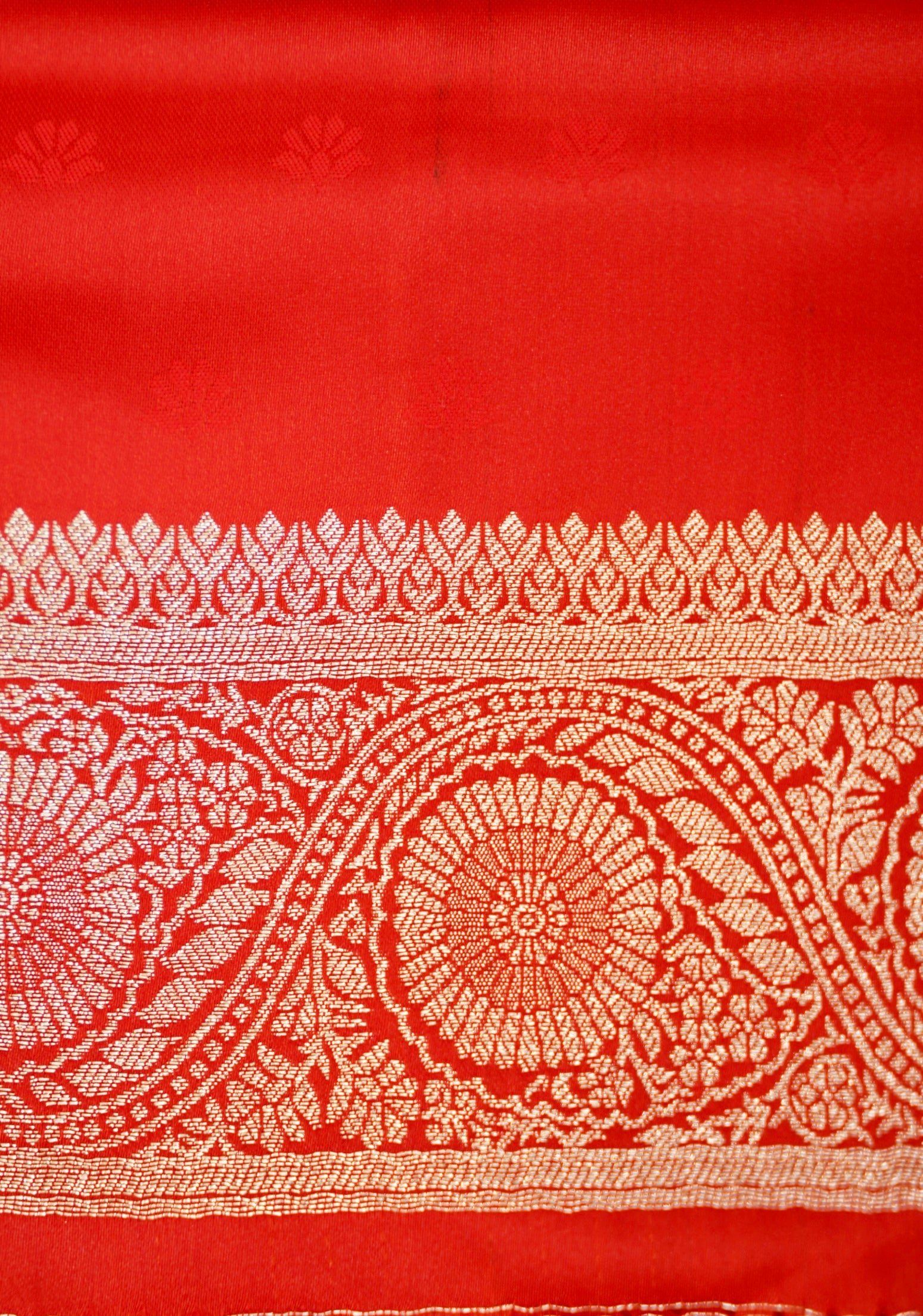 Bright Red Mashroo Silk Saree with Zari Buti and Ornate Border