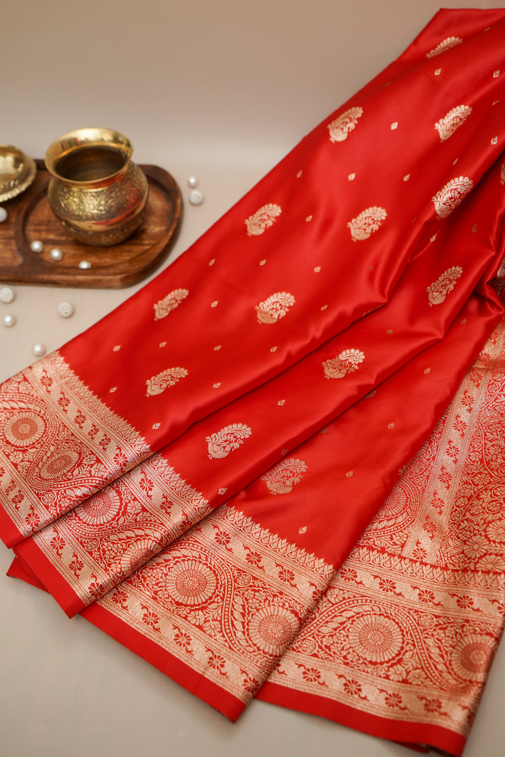 Bright Red Mashroo Silk Saree with Zari Buti and Ornate Border