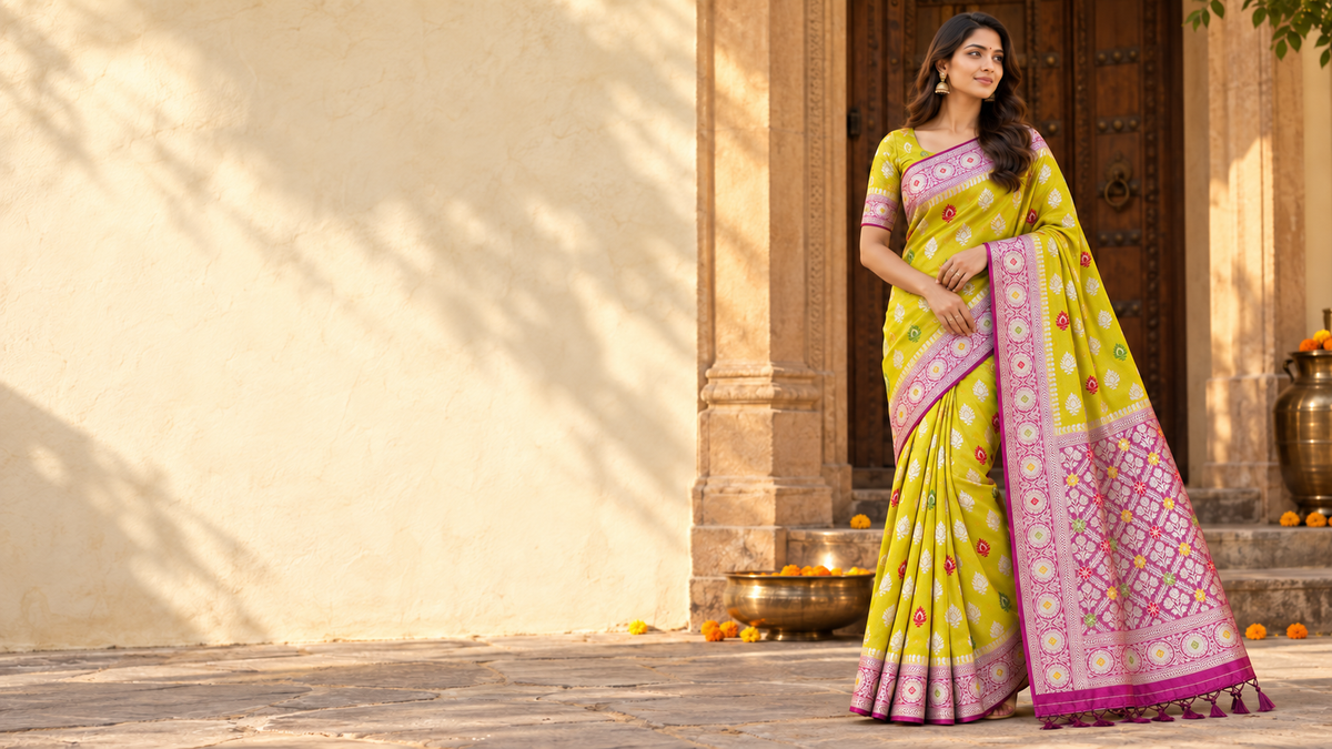 Kaarikaar yellow saree with pink woven border