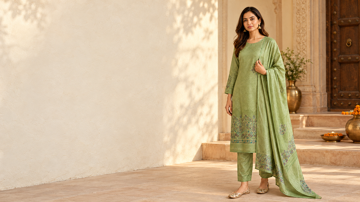 Kaarikaar green tissue georgette suit styling