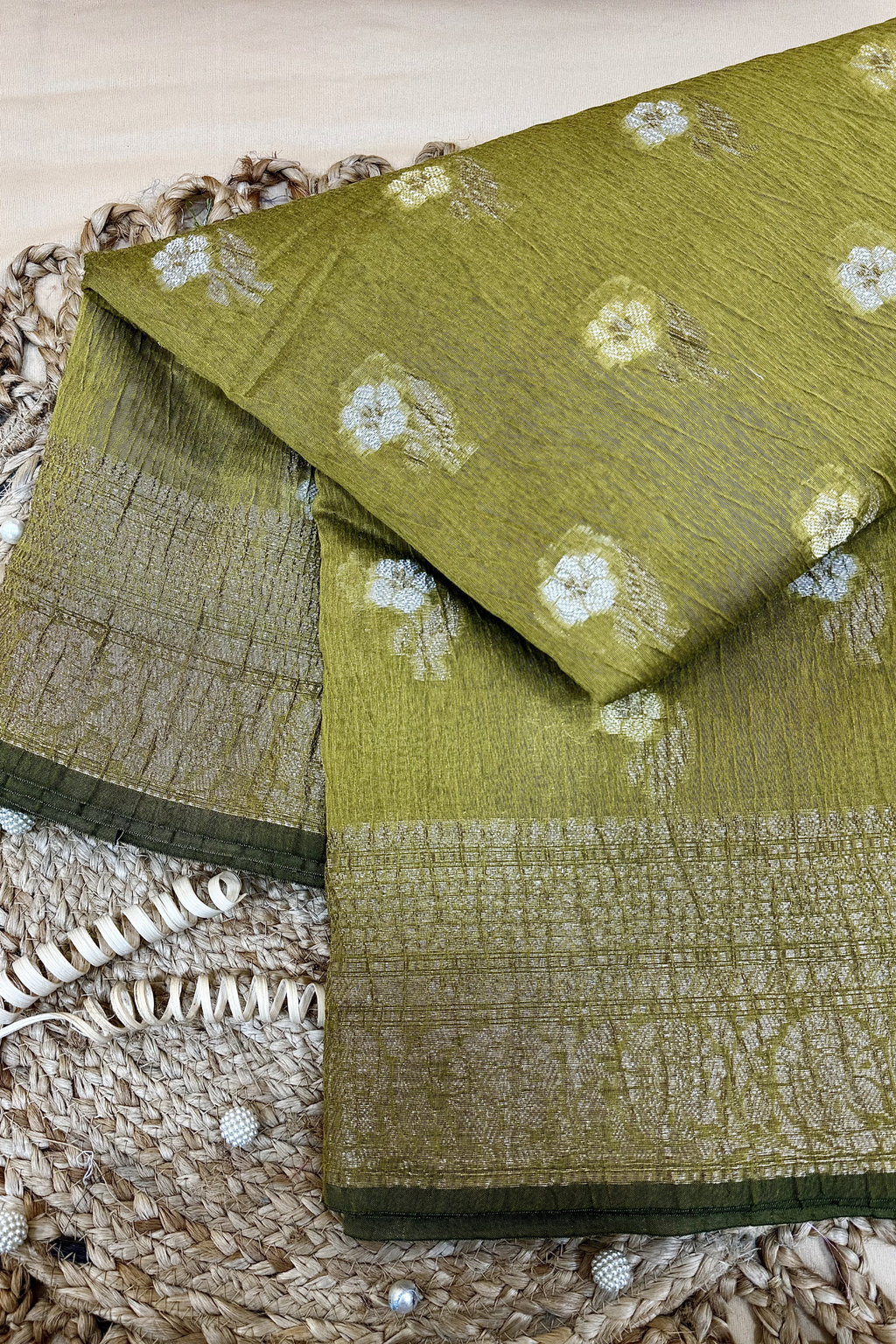 Olive Green Pure Mercerised Cotton Saree with Crush Texture