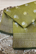 Olive Green Pure Mercerised Cotton Saree with Crush Texture